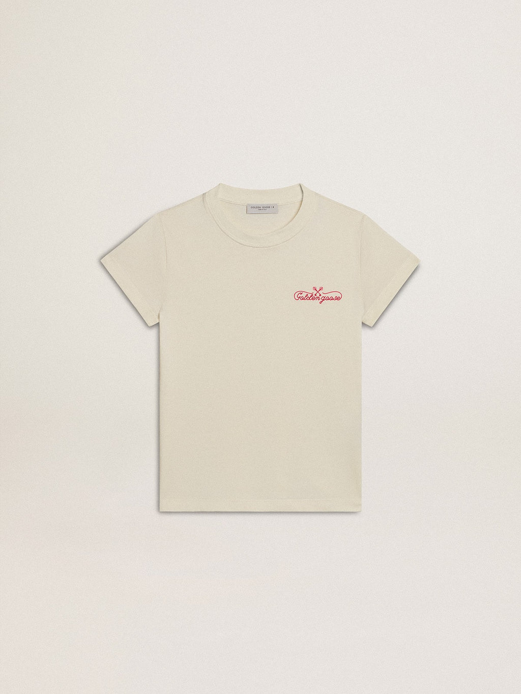 Girls' cotton T-shirt in worn white with red embroidery on the chest| Golden Goose