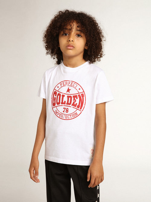 Boys' white T-shirt with printed red logo in the center| Golden Goose
