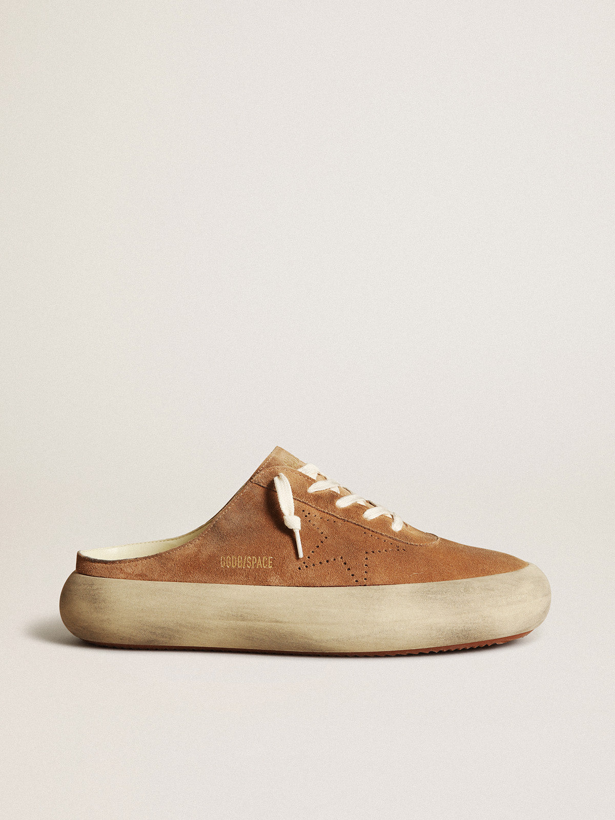 Men's Space-Star Sabots in tobacco suede with perforated star| Golden Goose