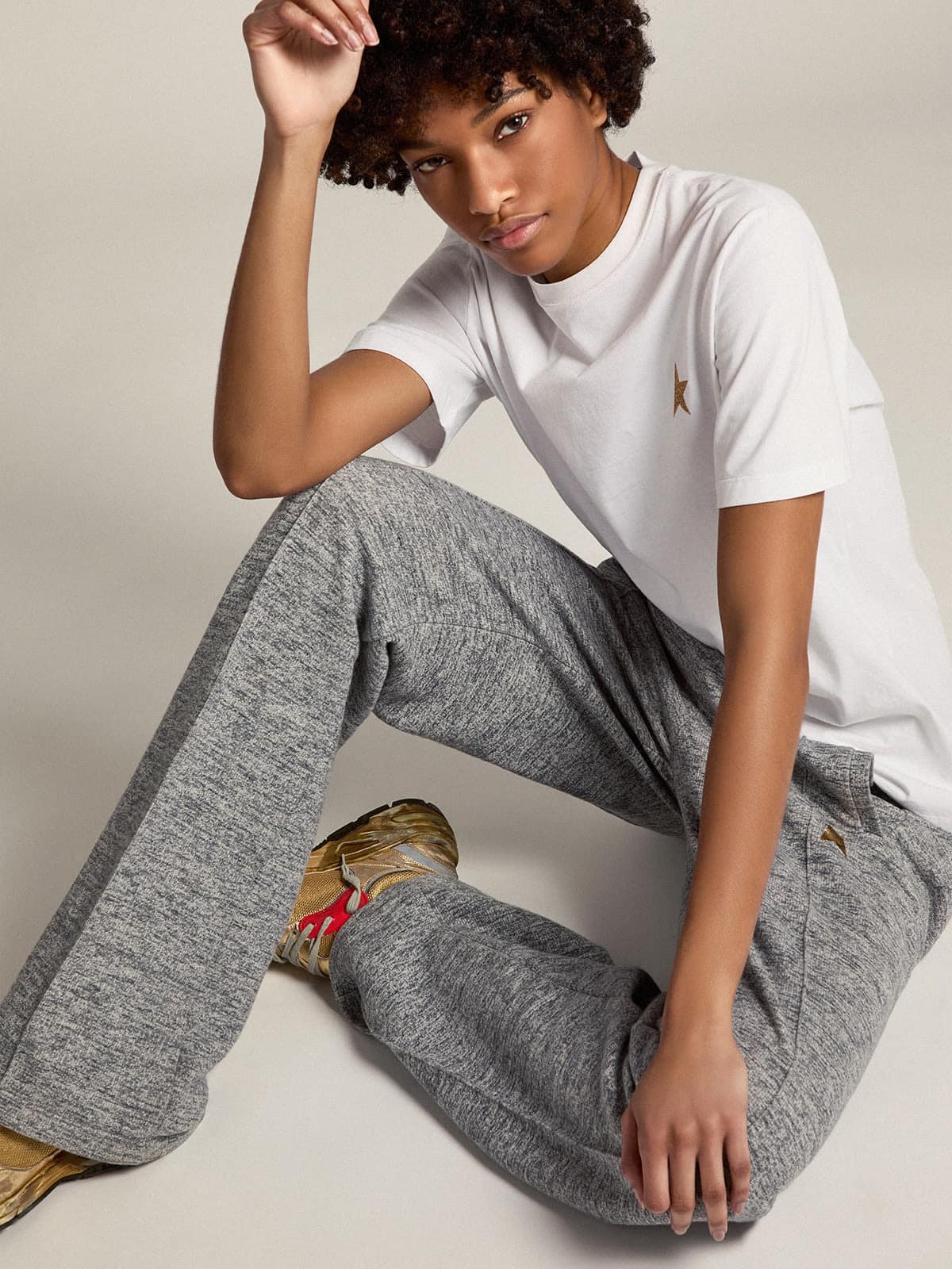 White Star Collection T-shirt with star in gold glitter on the front| Golden Goose