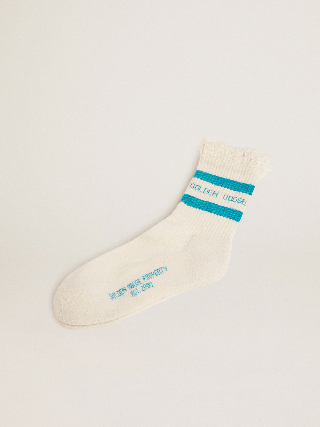 Distressed-finish white socks with turquoise logo and stripes| Golden Goose