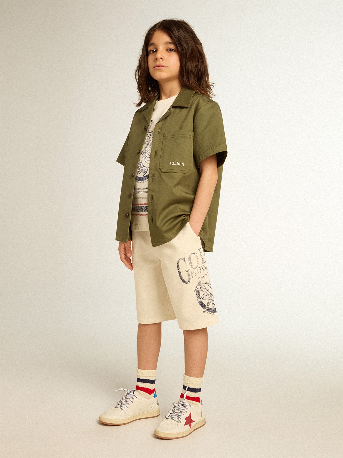 Cotton T-shirt in aged white with faded print at the center| Golden Goose