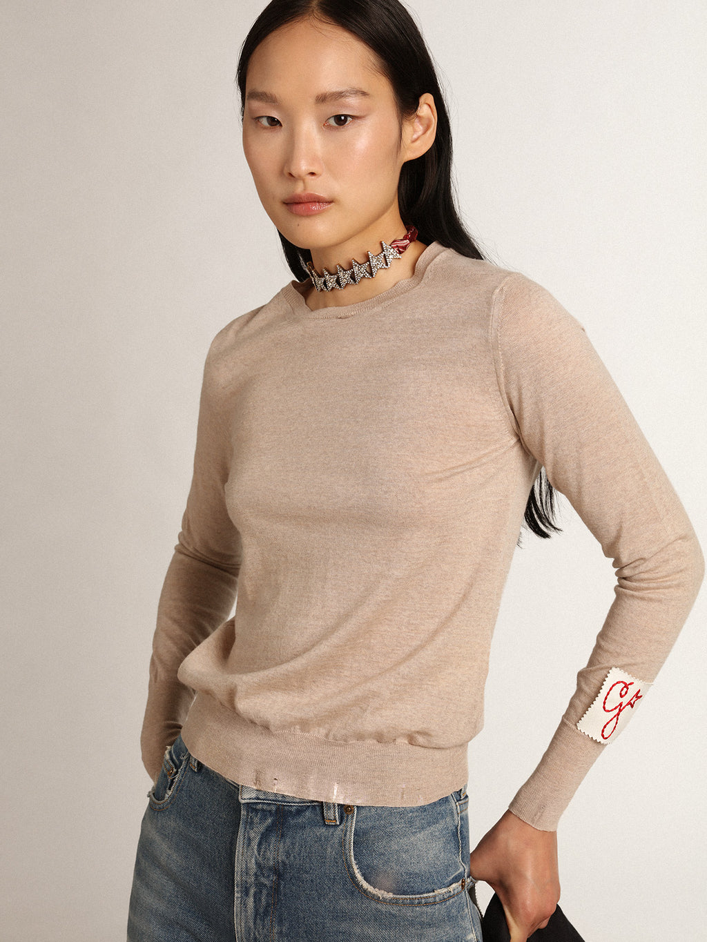 Women's sweater in light brown merino wool| Golden Goose