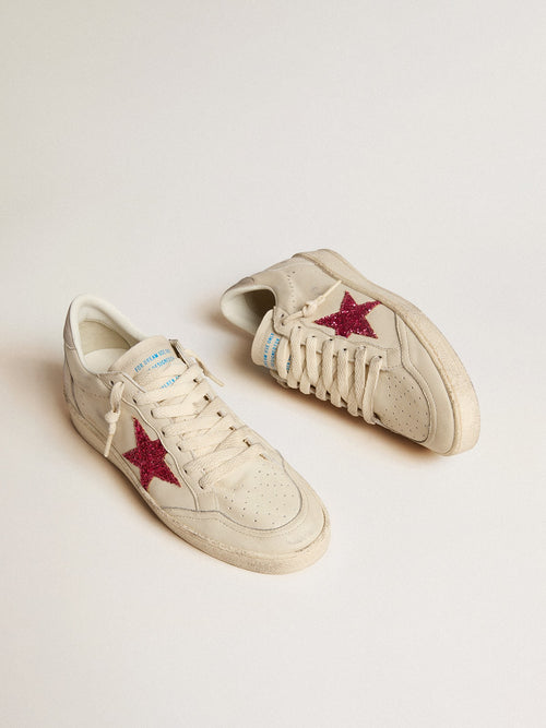 Ball Star LTD with fuchsia glitter star and light gray suede heel tab| Golden Goose
