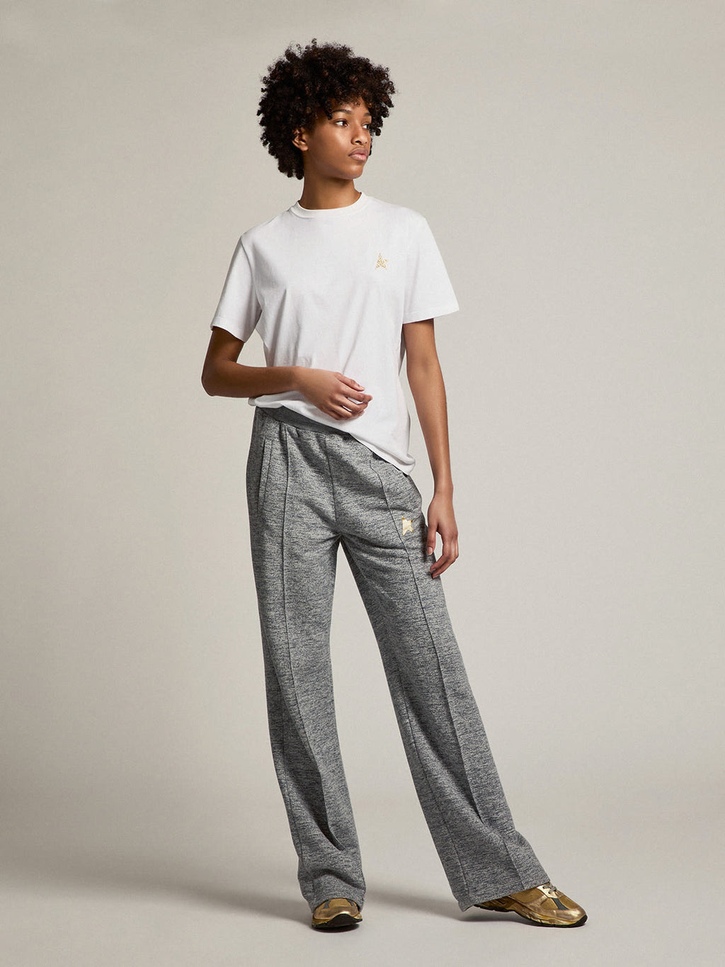 White Star Collection T-shirt with star in gold glitter on the front| Golden Goose