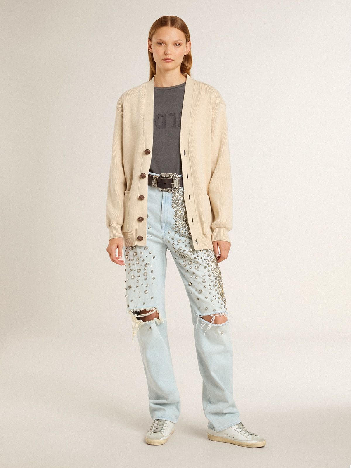 Super-Star Sabot with a platinum glitter star and suede tongue| Golden Goose