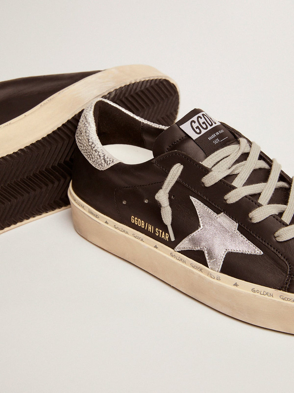 Women's Hi Star in black leather with silver laminated leather star| Golden Goose