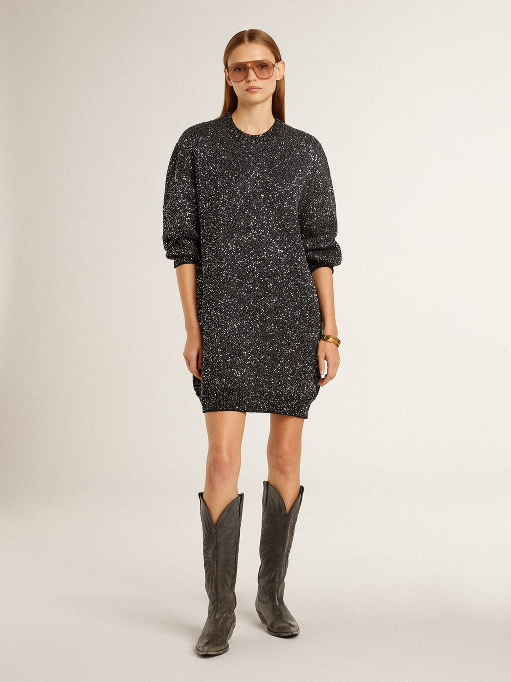Women's black crew neck dress with all-over silver sequins| Golden Goose