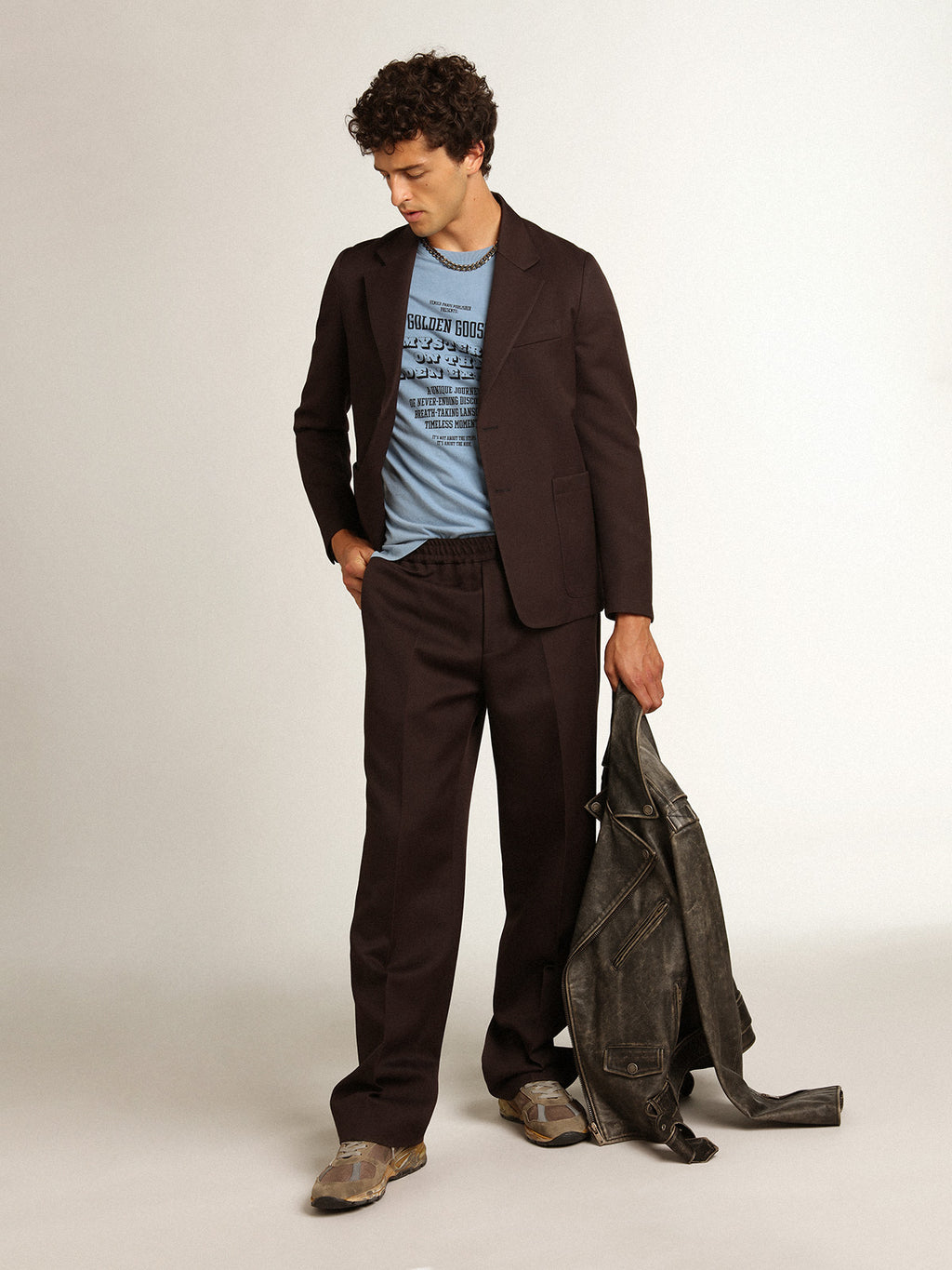 Men's single-breasted blazer in licorice wool gabardine| Golden Goose