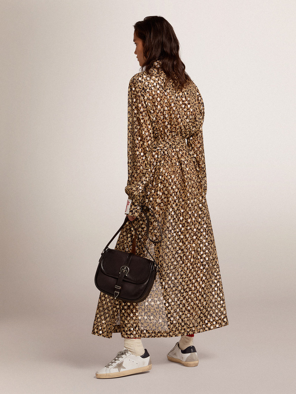Women's shirt dress with animal print and gold fil coupé| Golden Goose