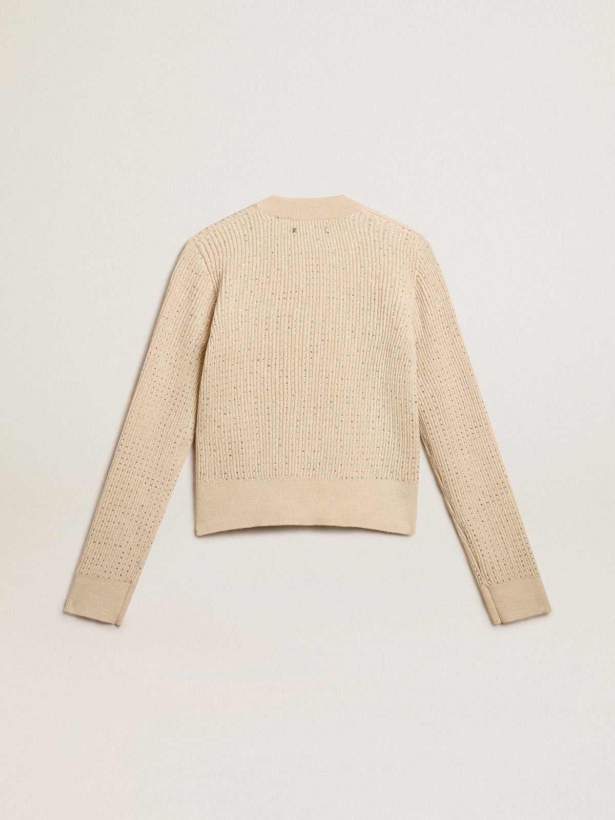 Cropped round-neck sweater in beige wool with all-over crystals| Golden Goose