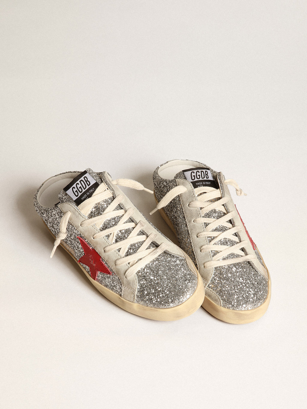 Women's Super-Star Sabot in silver glitter with red leather star| Golden Goose