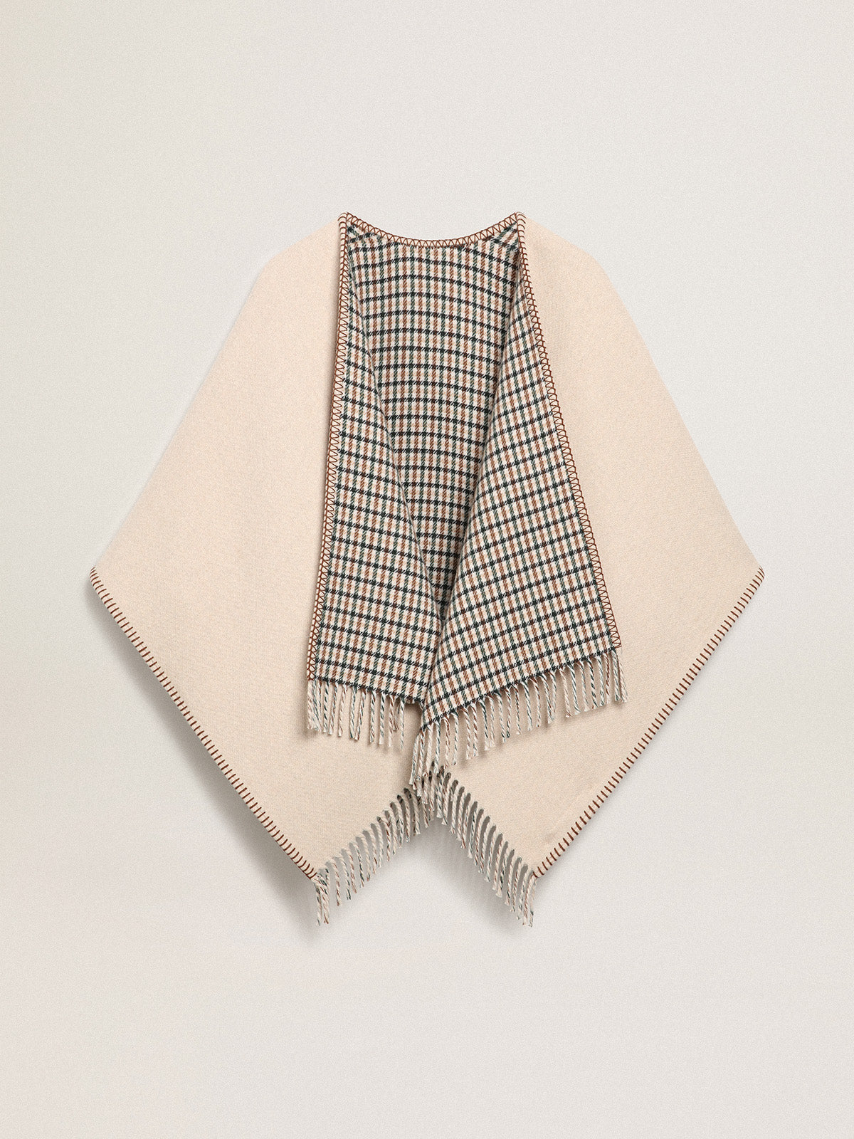 Poncho in double face cream-colored wool with check pattern and lettering| Golden Goose
