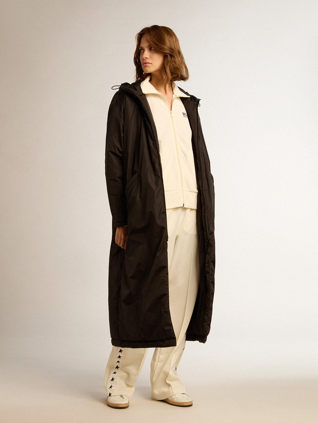 Women's black ankle-length padded jacket with hood| Golden Goose