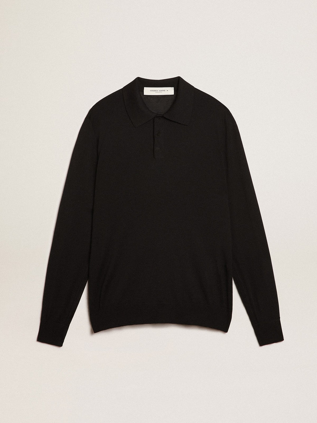 Men's long-sleeved polo shirt in black merino wool| Golden Goose