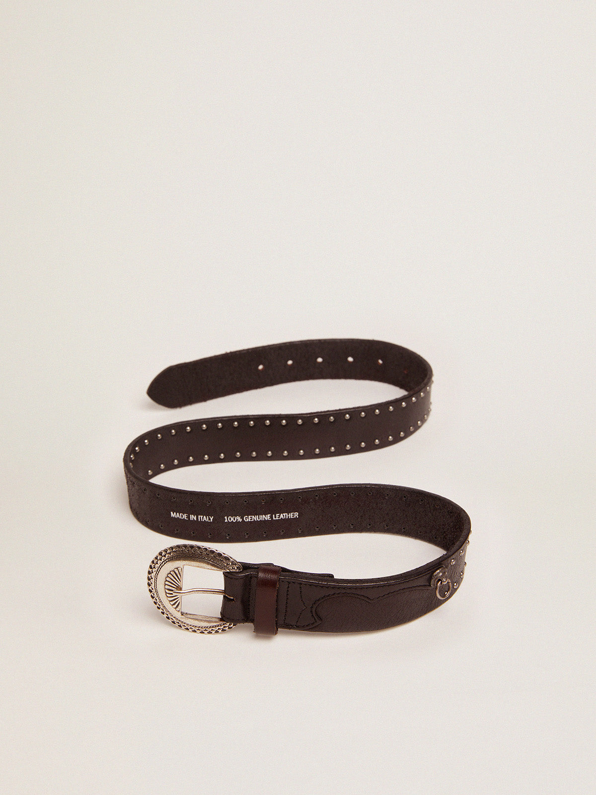 Black Ranch belt in washed leather with silver color studs| Golden Goose