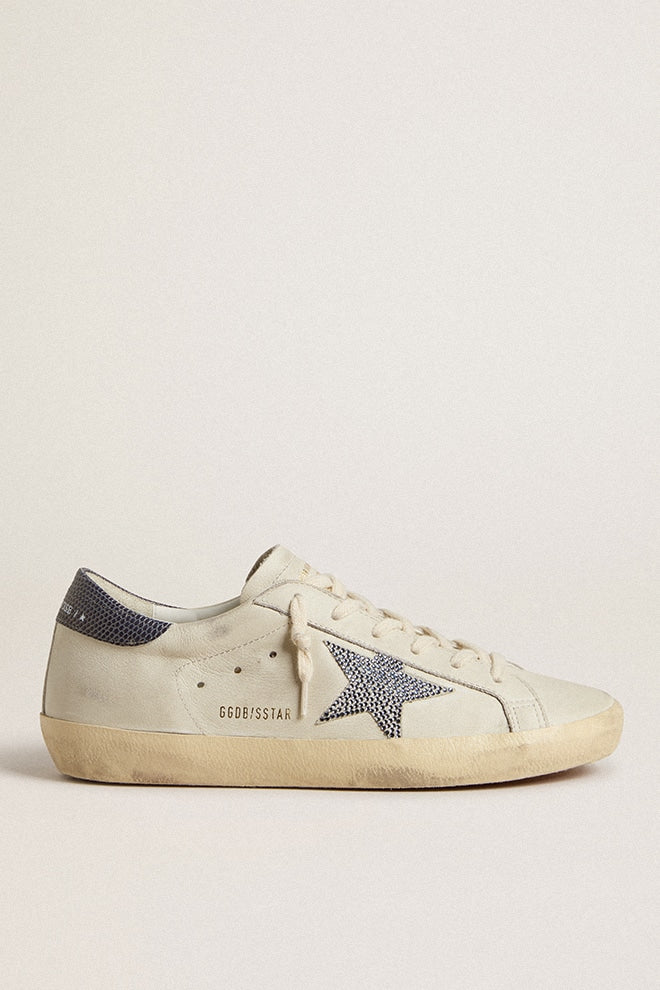 Super-Star LTD with cream-colored leather star with Swarovski crystals and blue leather heel tab with lizard print| Golden Goose