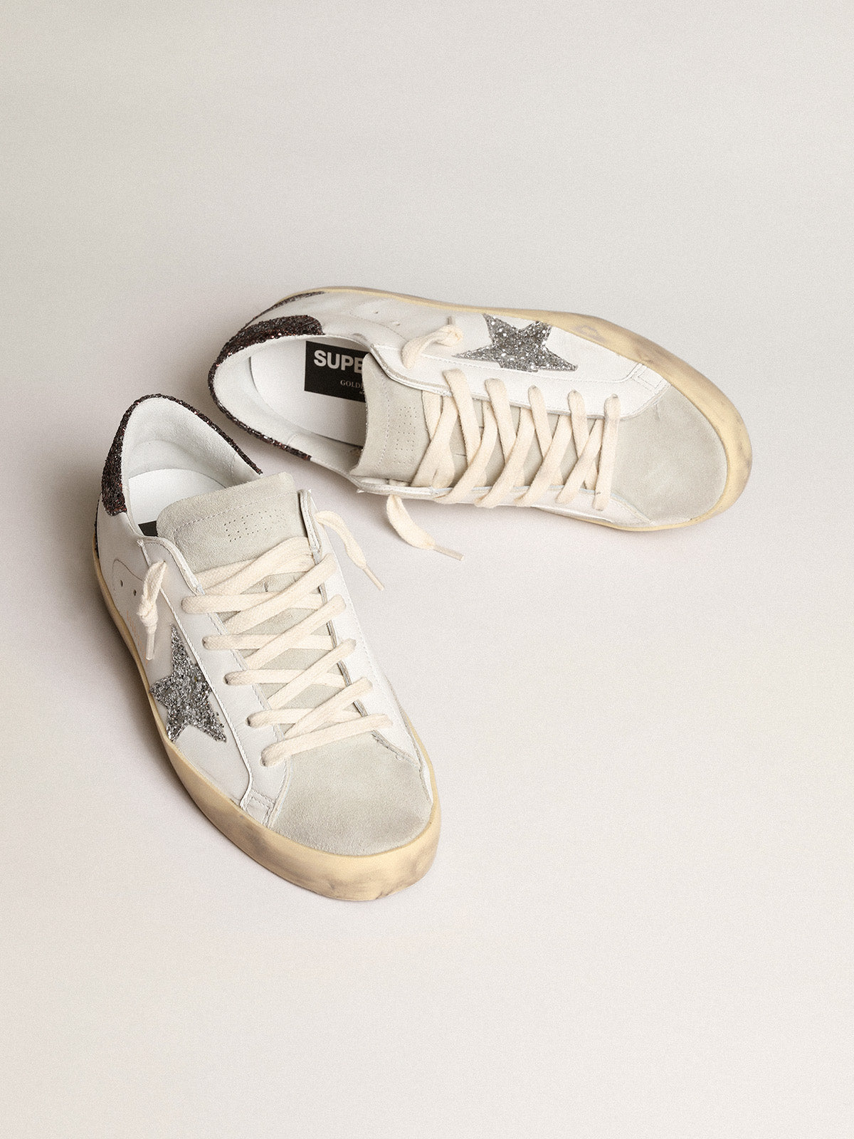 Super-Star with silver star and brown glitter heel tab| Golden Goose