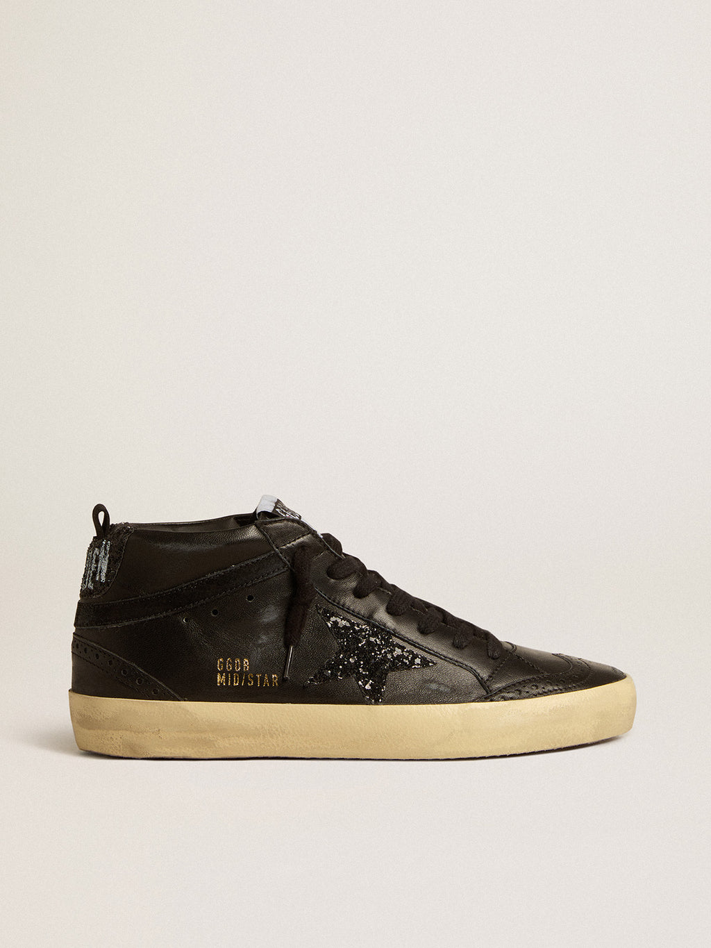 Mid Star in black nappa with black glitter star and suede flash| Golden Goose