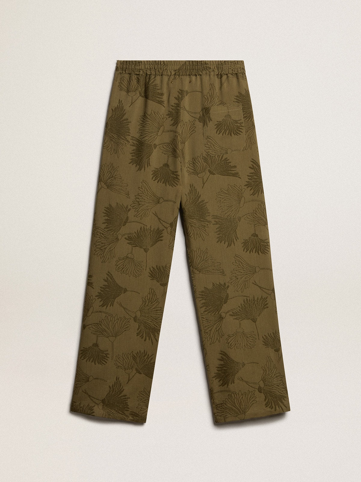 Women's olive-colored viscose-cotton blend pants with floral pattern