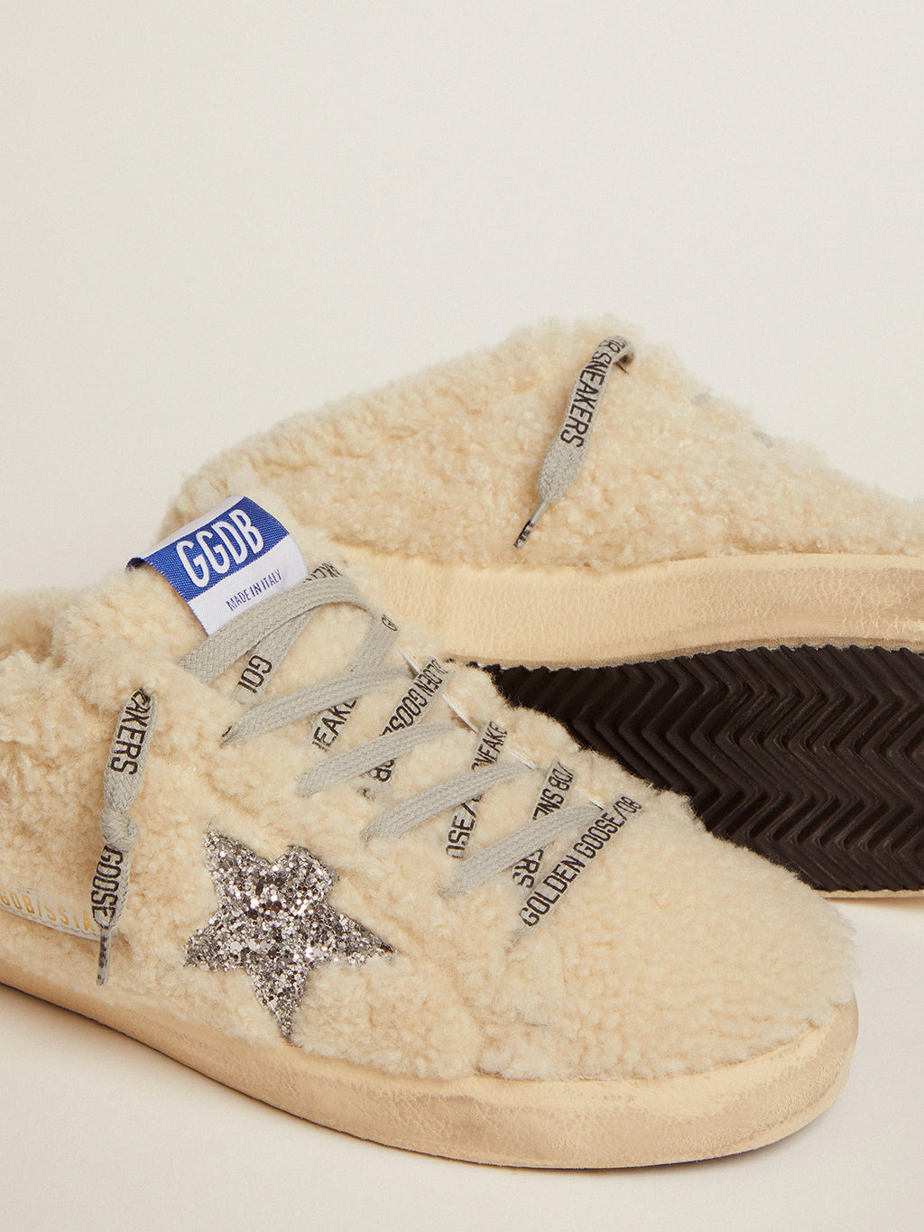 Women's Super-Star Sabot in white shearling and glitter star| Golden Goose
