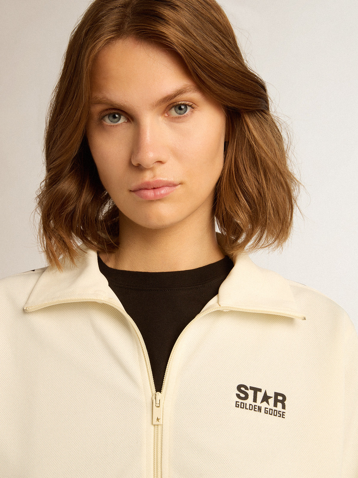 Women's white zipped sweatshirt with white strip and black stars| Golden Goose