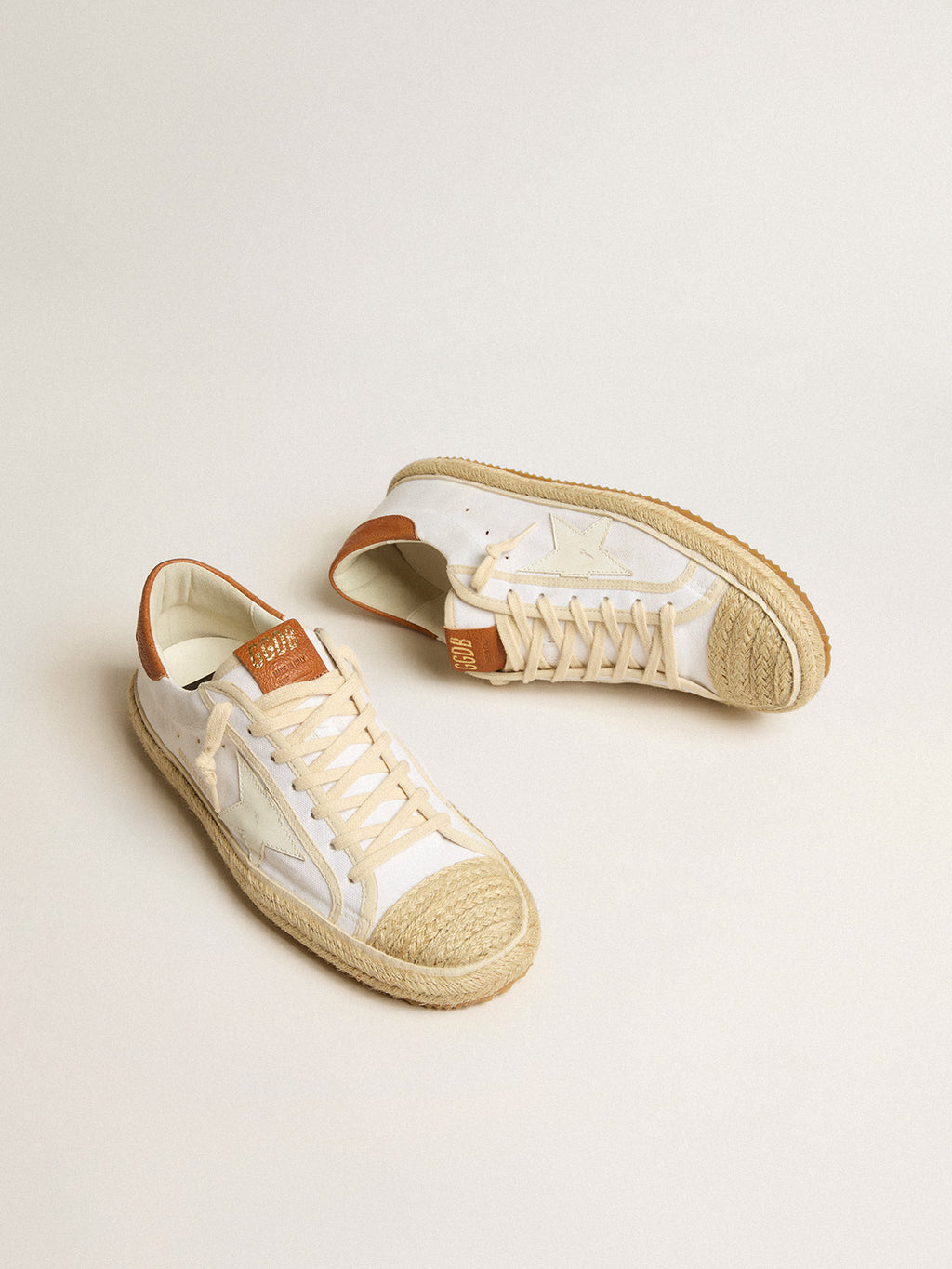 Men's Super-Star LTD in canvas with white leather star and raffia toe| Golden Goose