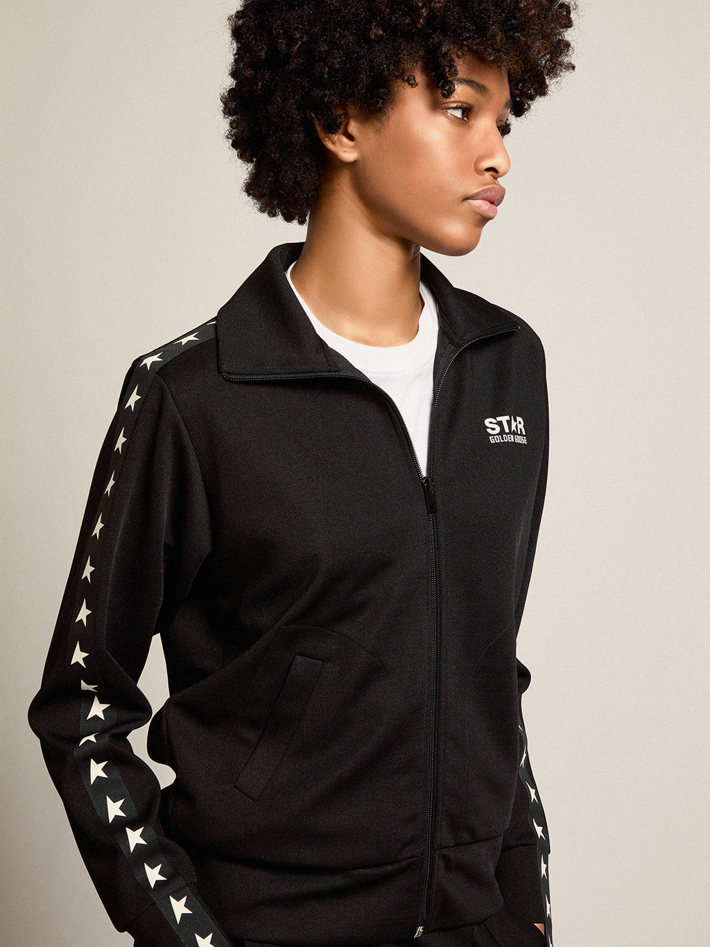 Women's black zipped sweatshirt with white stars| Golden Goose