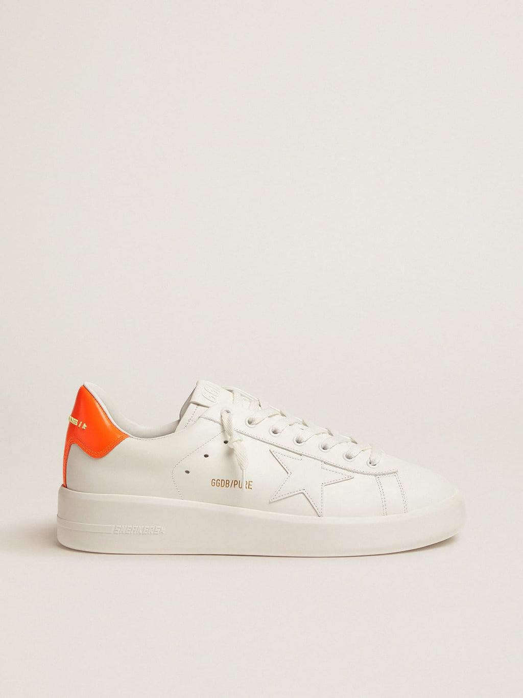 White Purestar sneakers with fluorescent orange heel tab| Golden Goose