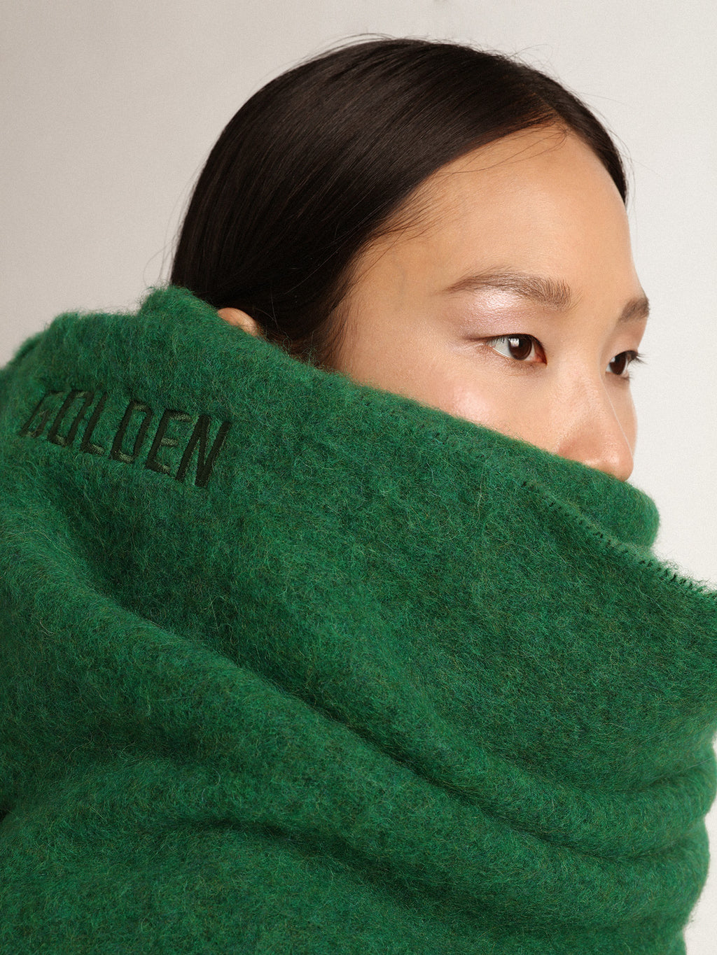 Dark green wool scarf with fringe and 'Golden' lettering| Golden Goose