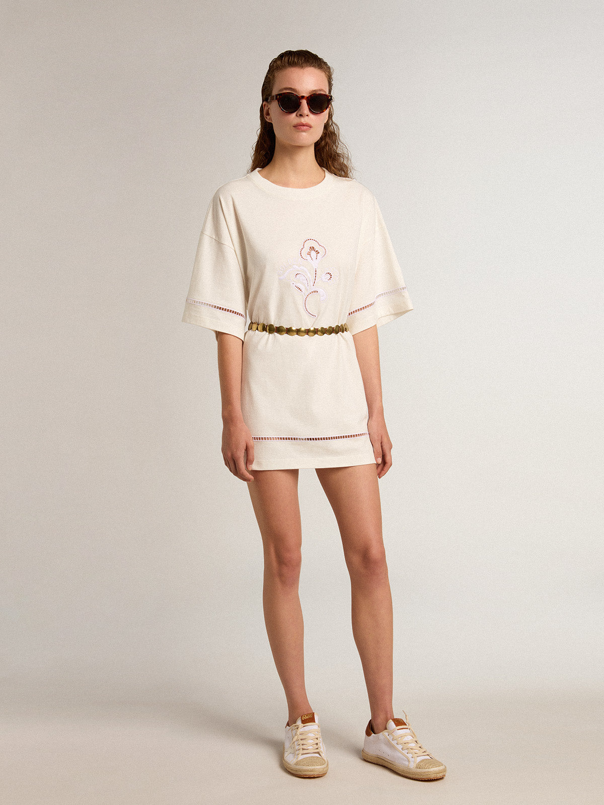 White cotton T-shirt dress with belt| Golden Goose