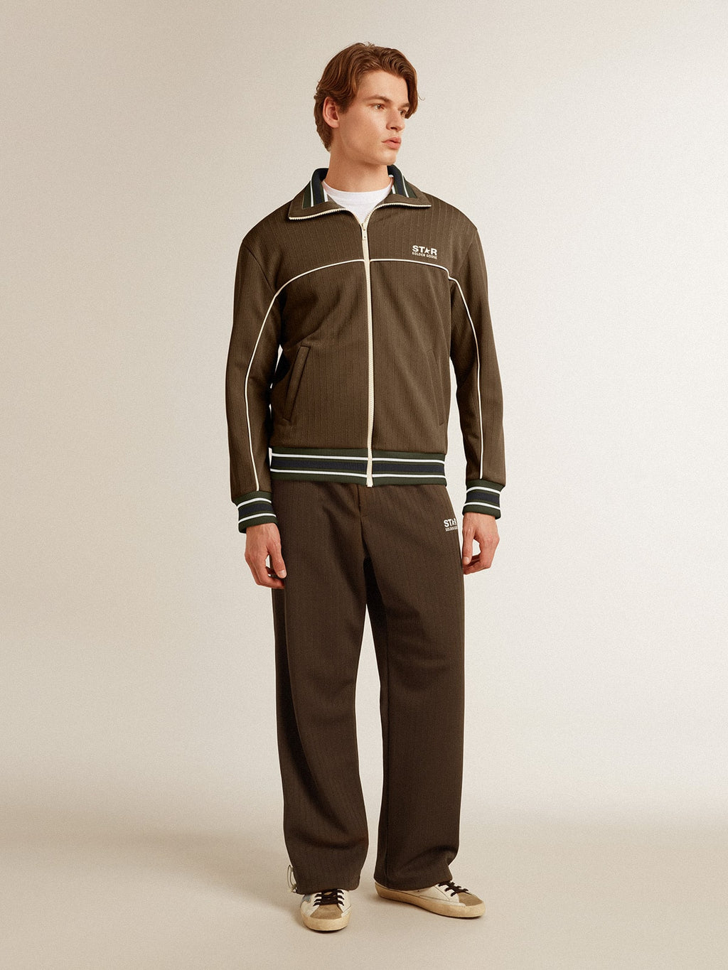 Men's military green zipped sweatshirt with white logo| Golden Goose