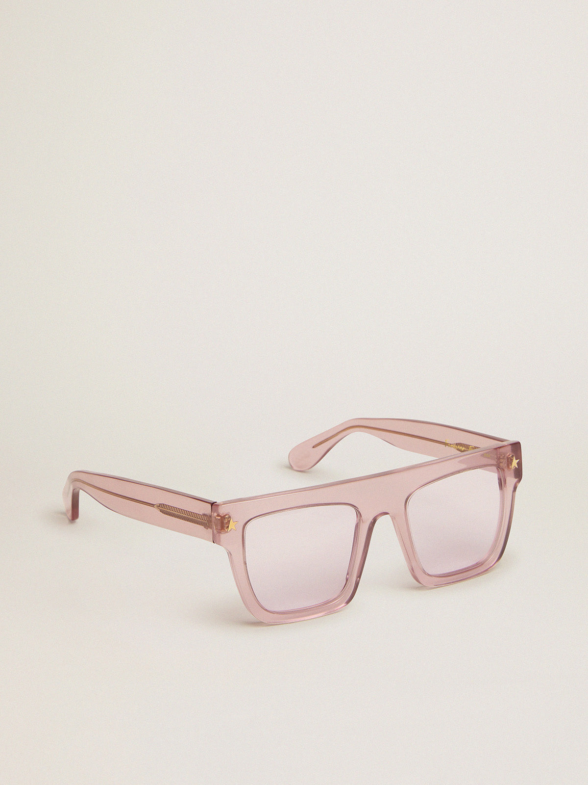 Square-style Sunframe Jamie with clear pink frame and pink lenses| Golden Goose