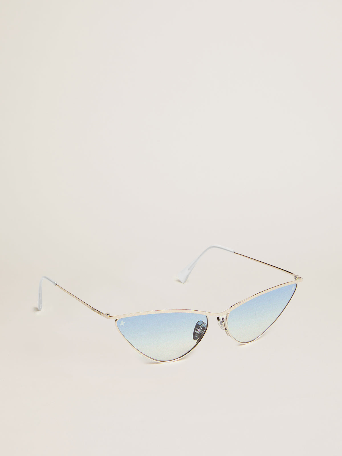 Sunglasses cat-eye style with silver frame and blue lenses| Golden Goose