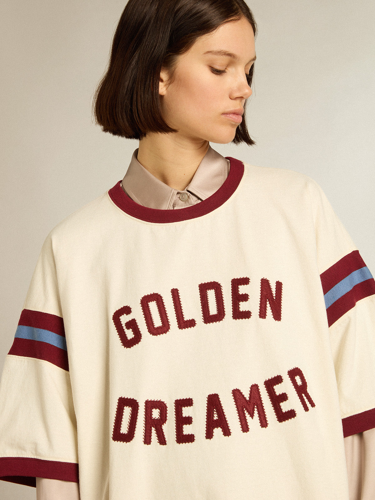 Women's white dress with burgundy lettering on the front| Golden Goose