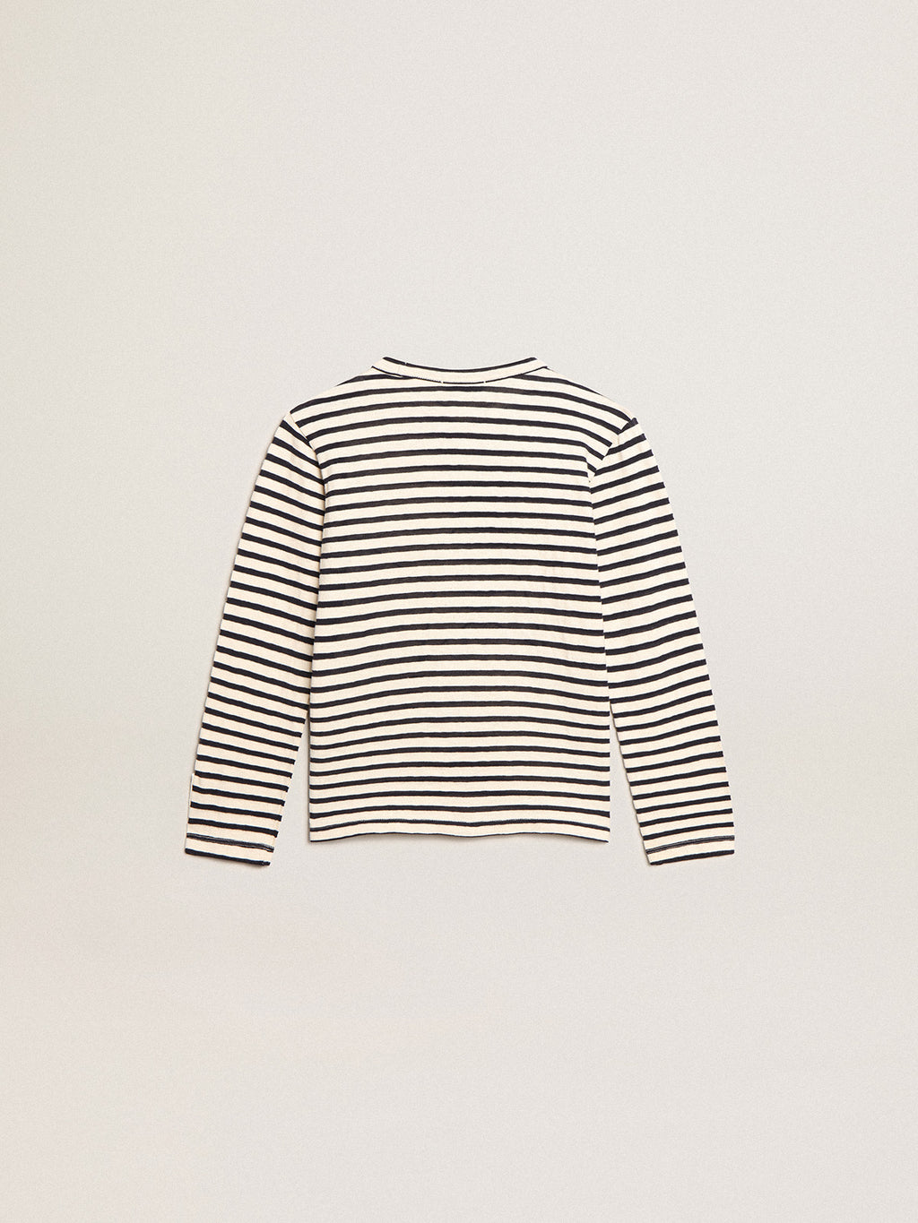 Boys' T-shirt with white and blue stripes and embroidery on the front| Golden Goose