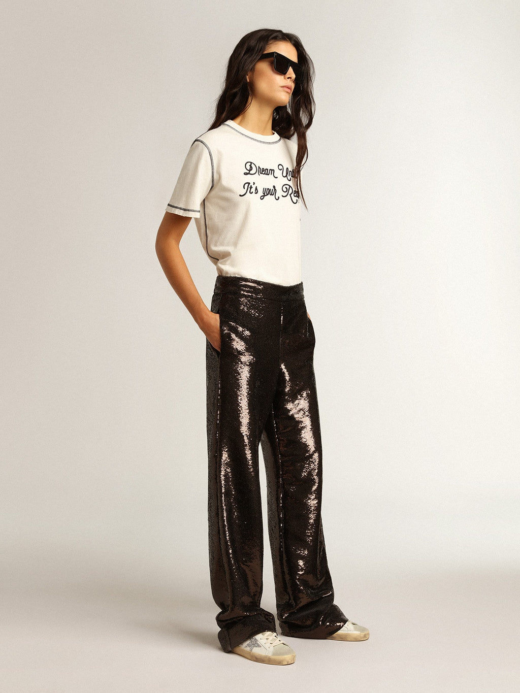 Women's Super-Star with silver star and brown glitter heel tab| Golden Goose