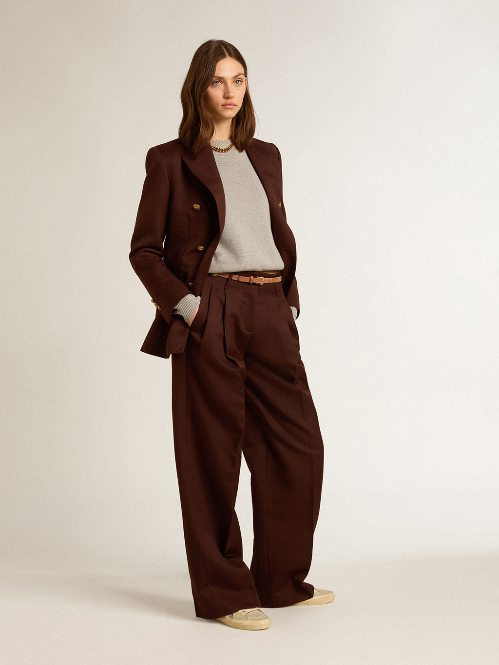 Women's double-breasted blazer in coffee-colored wool gabardine| Golden Goose