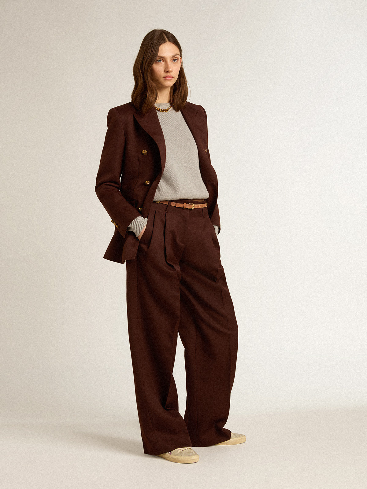 Women's double-breasted blazer in coffee-colored wool gabardine| Golden Goose