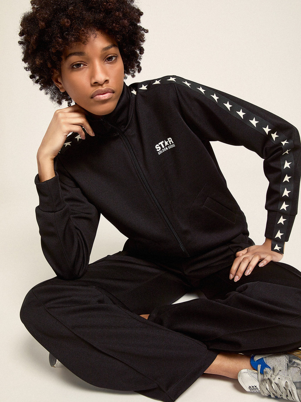 Women's black zipped sweatshirt with white stars| Golden Goose
