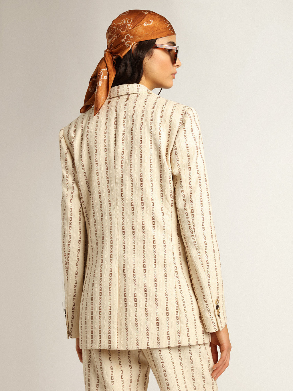 Single-breasted cream cotton blazer with jacquard motif| Golden Goose