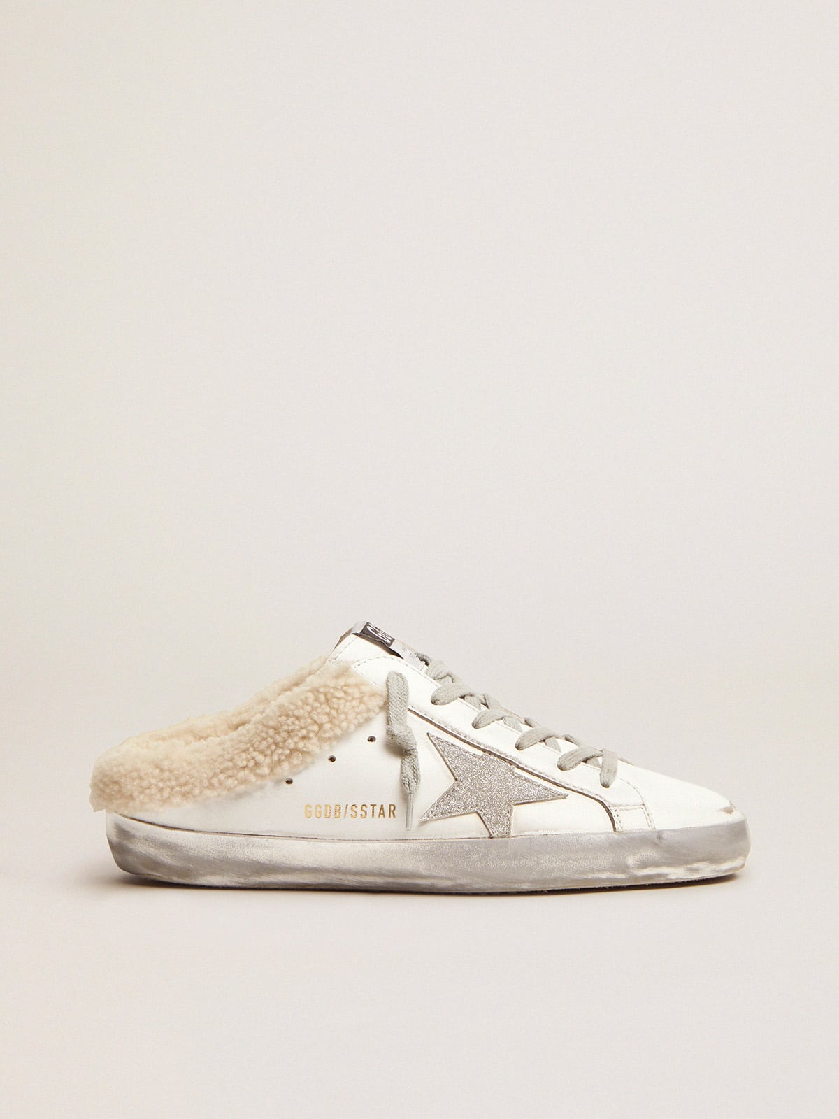 Super-Star Sabots in white leather with shearling lining| Golden Goose