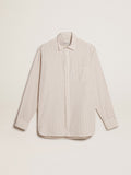 Men's white cotton shirt with beige stripes| Golden Goose