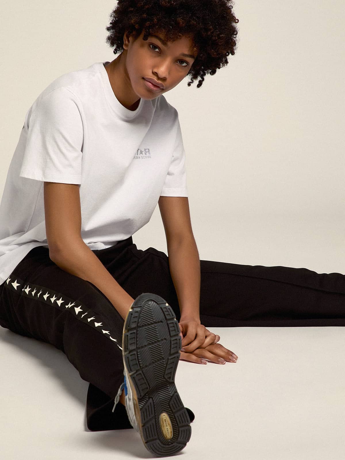 Women's white T-shirt with silver glitter logo and star| Golden Goose