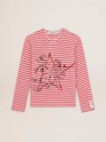 Women's T-shirt with white and red stripes and embroidery on the front| Golden Goose