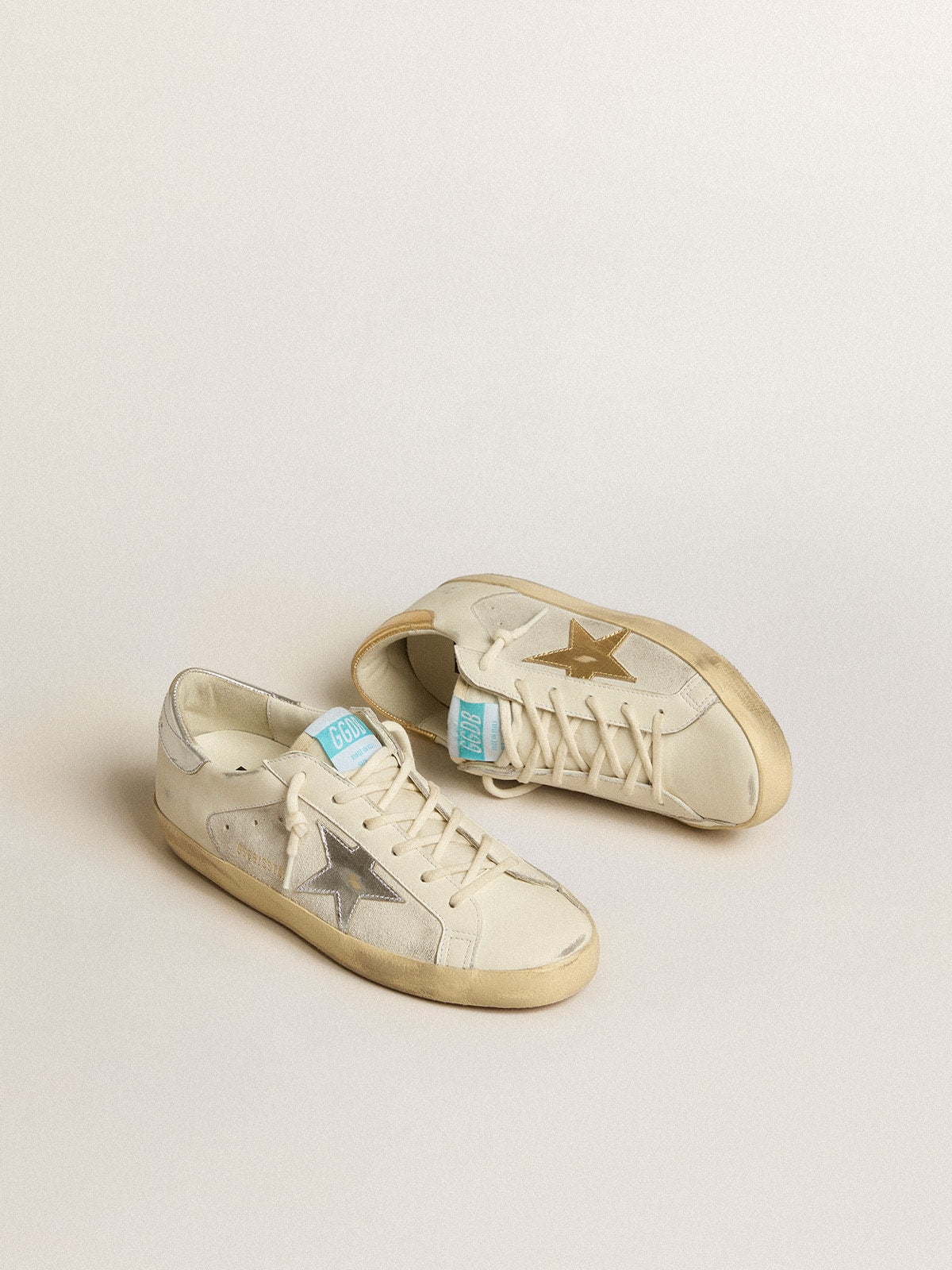 Super-Star in white leather and suede with silver and gold leather star| Golden Goose