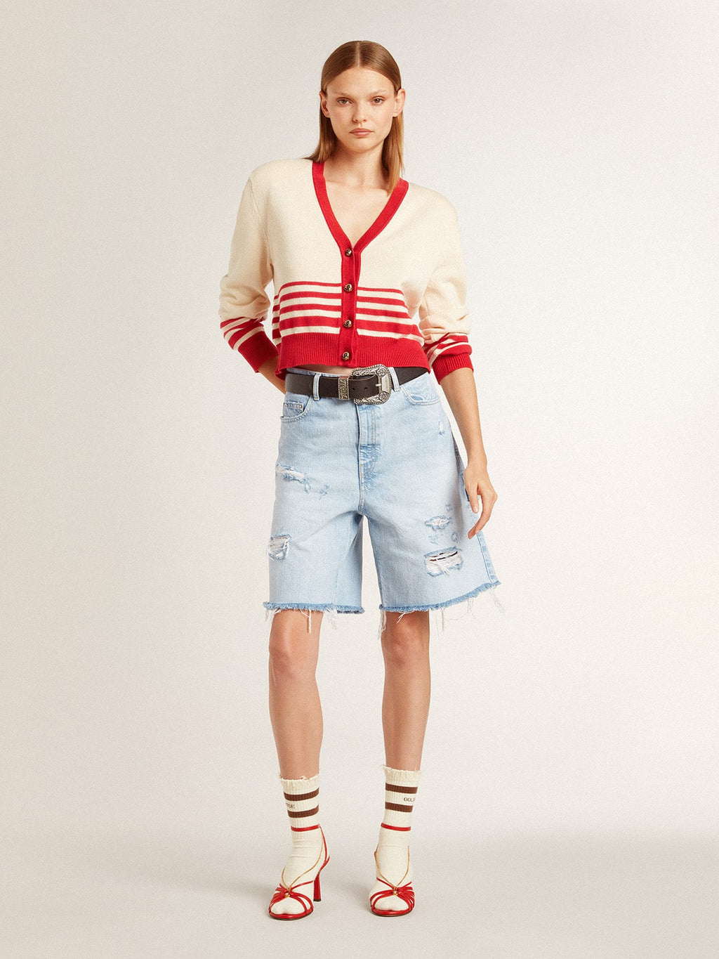 Women's Bermuda shorts in lived-in effect denim| Golden Goose