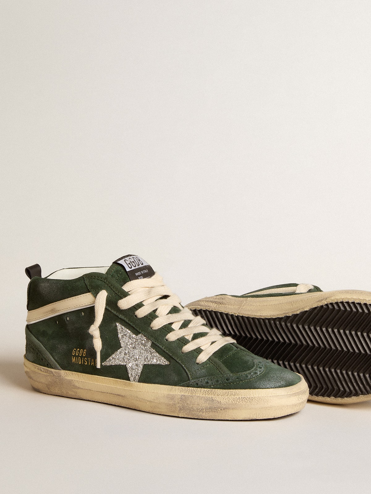 Mid Star in green suede with silver glitter star and leather flash| Golden Goose