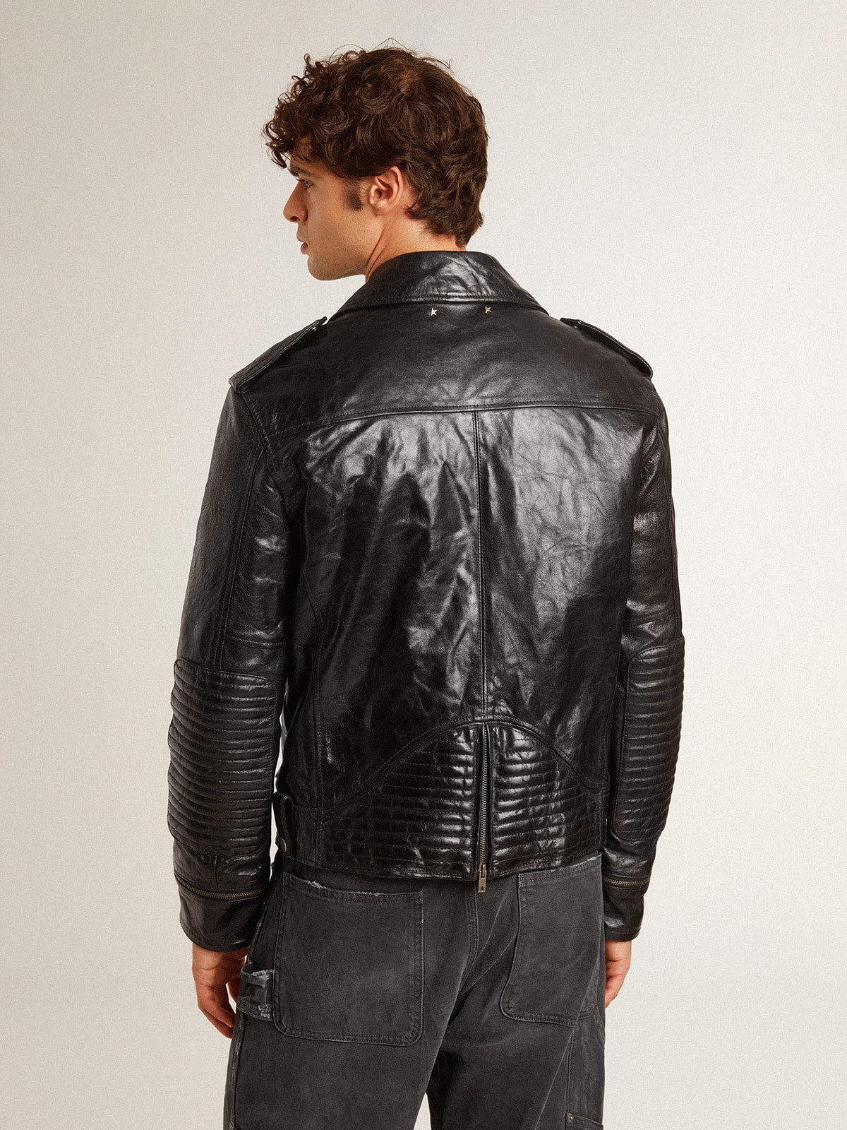 Men's black leather biker jacket with glossy effect| Golden Goose