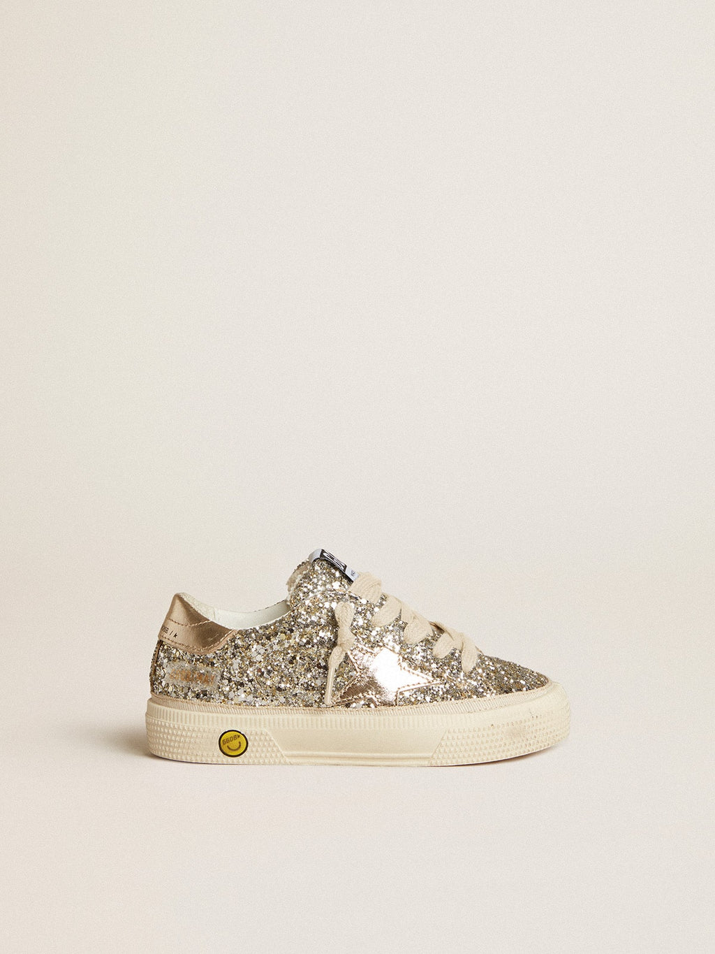 May Junior in platinum glitter with metallic leather star and heel tab| Golden Goose